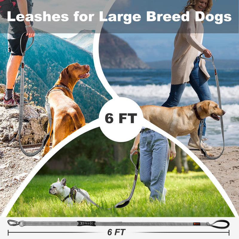 Heavy Duty Dog Leash, Laqibak Double-Sided Reflective Double Handle Dog Leash - Double-Layer Thickening, Lockable Safety Carabiner Design, 6 FT Perfect for Medium & Large Dogs Joyful Strolls, Grey - PawsPlanet Australia