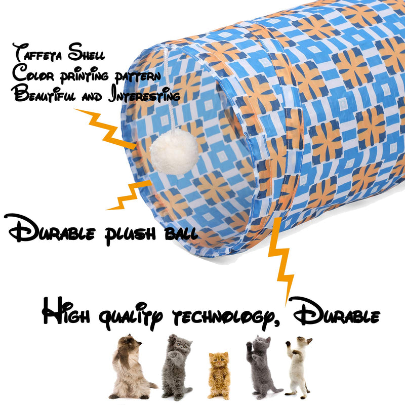 LUCKITTY Cat Kitten Tunnel Tube Toy with Plush Ball-Portable Tattaff Material Waterproof Durable Washable-Interesting Geometric Pattern Collapsible-35.4Inch/90CM Orange Blue - PawsPlanet Australia