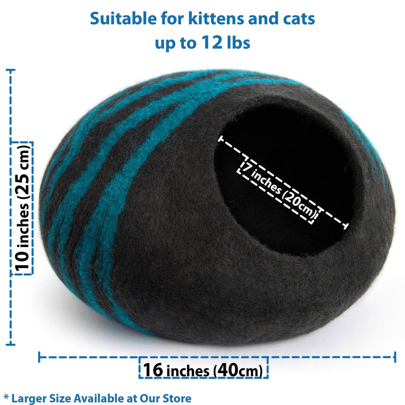 MEOWFIA Premium Felt Cat Bed Cave (Medium) - Handmade 100% Merino Wool Bed for Cats and Kittens Black/Aqua - PawsPlanet Australia