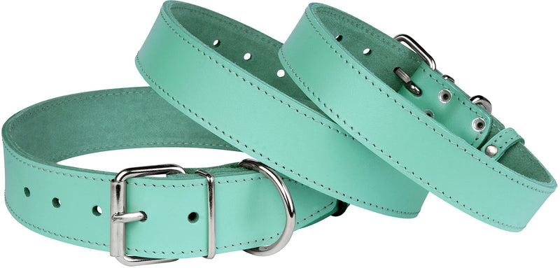 [Australia] - BRONZEDOG Handmade Genuine Leather Dog Collar, Puppy Leather Collar for Dogs, Small Medium Large, Pink Red Blue Green Turquoise White Yellow Neck Size 13" - 15" 