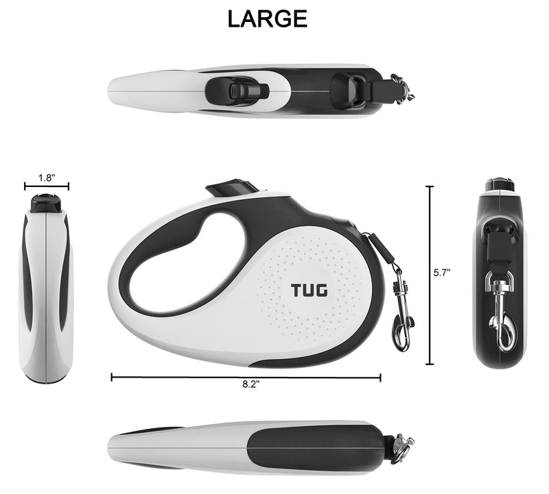 [Australia] - TUG Patented 360° Tangle-Free, Heavy Duty Retractable Dog Leash with Anti-Slip Handle; 16 ft Strong Nylon Tape/Ribbon; One-Handed Brake, Pause, Lock Large White 