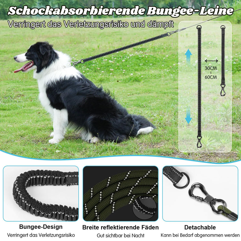 Aystkniet Bungee Tow Leash for Dogs 3M 4.5M 5M 6M 9M 10M 12M 15M 20M 30M, Shock-Absorbing Dog Leash with Padded Handle Reflective Threads Lockable Hook for Medium Large Dogs 20M × 8MM Army Green - PawsPlanet Australia