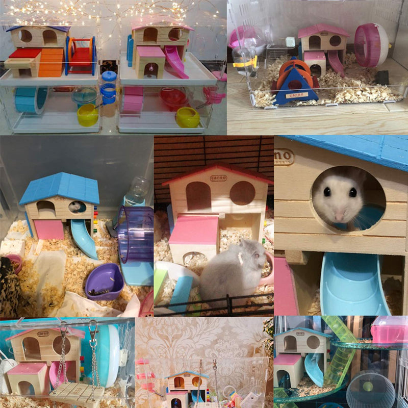 kathson Pet Small Animal Hideout Hamster House with Funny Climbing Ladder Slide Wooden Hut Play Toys Chews for Small Animals Like Dwarf Hamster and Mouse 1 pcs Blue+1 pcs Pink - PawsPlanet Australia