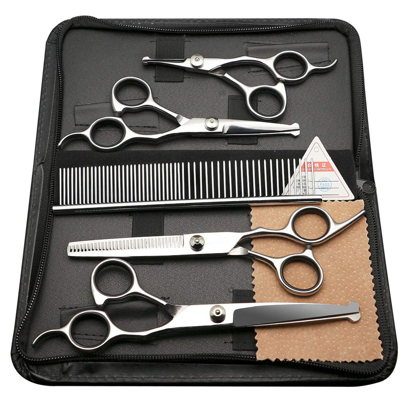 E-More Pet Grooming Scissors Set Professional 5 Pieces 4.5-6.5inch Stainless Steel Pet Grooming Scissors Kit Hair Care for Dog Cat with Curved Thinning Shear and Steel Grooming Comb Set - PawsPlanet Australia