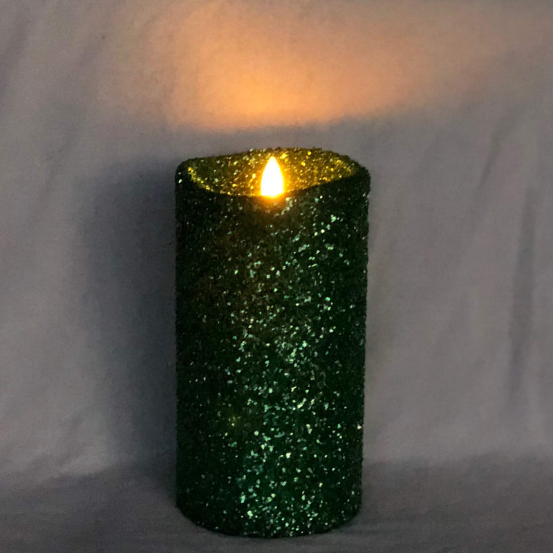 Luminara Vintage Green Glitter 7" Flameless Pillar Candles w/Remote 7 inches - PawsPlanet Australia