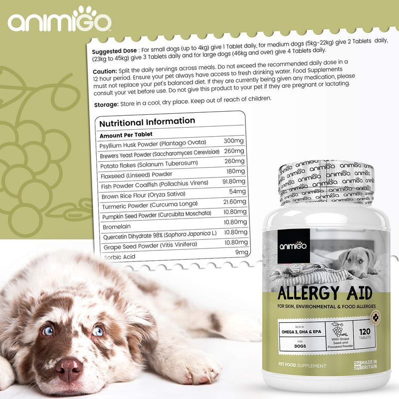 Animigo Allergy Relief Supplement for Dogs - 120 Tablets - Helps Relieve Skin Allergies & Supports Dogs With Food Allergies - Natural Immune System Support - Suitable For All Breeds & Sizes - PawsPlanet Australia