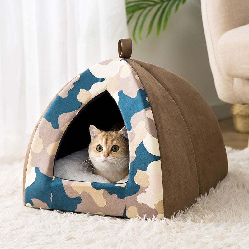 HIPIPET Kitten Bed Cat Cave Bed for Cats & Dogs, 16 Inches Kitty Bed Hut with Removable Washable Cushioned Pillow, Indoor Pet Cat Condos Camouflage - PawsPlanet Australia