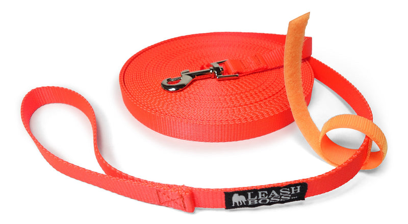 [Australia] - Leashboss Long Trainer - 3/4 Inch Nylon Dog Training Leash with Storage Strap 50 Ft Orange 