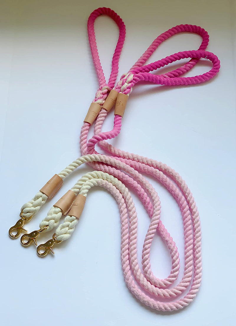 BULPET Eco Friendly Natural Cotton Handmade Dog Ombre Pink Rope Leash with Genuine Leather and Gold Brass Hardware/ 5 Ft/ All Dogs - PawsPlanet Australia