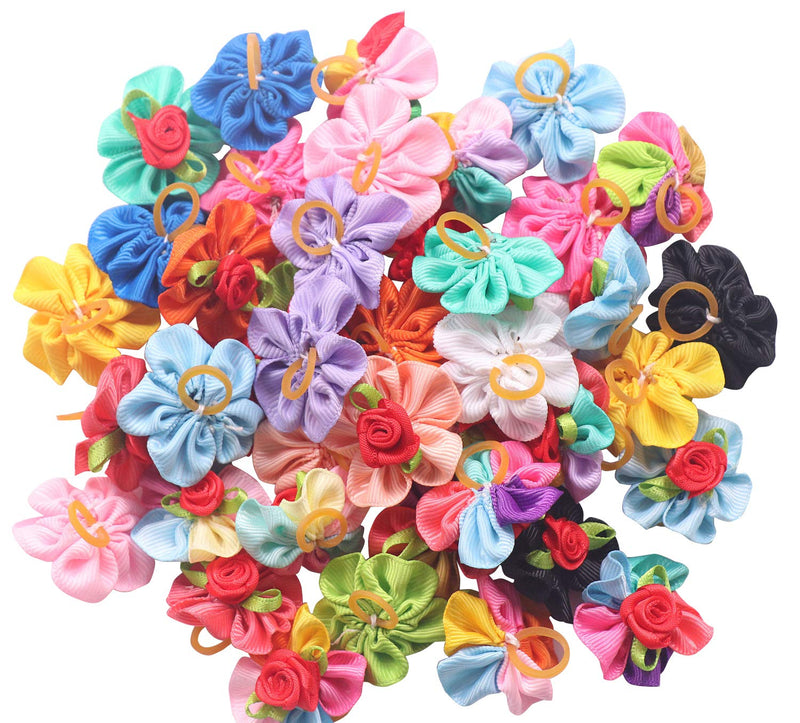 YAKA 40pcs/(20pairs) Hot Cute Small Dog Hair Bows Topknot Small Bowknot with Rubber Bands Pet Grooming Products Pet Hair Bows Hair Accessories 20 Colors (Round Flower) - PawsPlanet Australia
