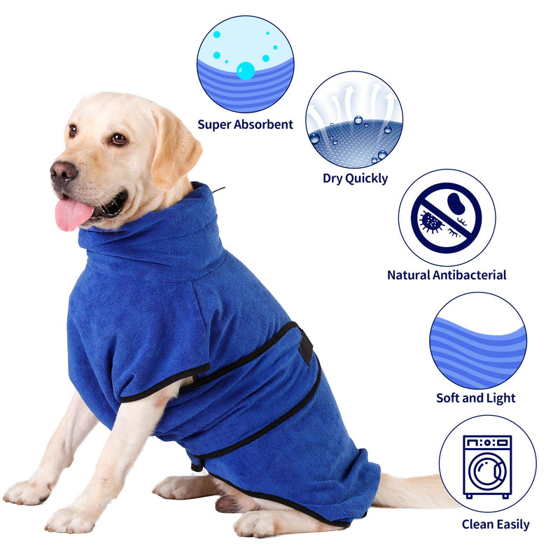 Kaka mall Soft Microfiber Pet Dog Bathrobe Robe, Super Absorbent Dog Quick Drying Coat Luxurious Towel Adjustable Medium Large X-Large Size Blue (M: 50 CM Body Length) M: Back Length 45 CM - PawsPlanet Australia