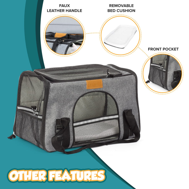 Petlicity Pet Carrier Linen Effect Folding Bag With Top And Side Opening, Removable Mat, Pet Dog Cat Puppy Transport, Breathable Mesh, Polar Fleece, Faux Leather with shoulder Strap (M (up to 17lb)) M (up to 17lb) - PawsPlanet Australia