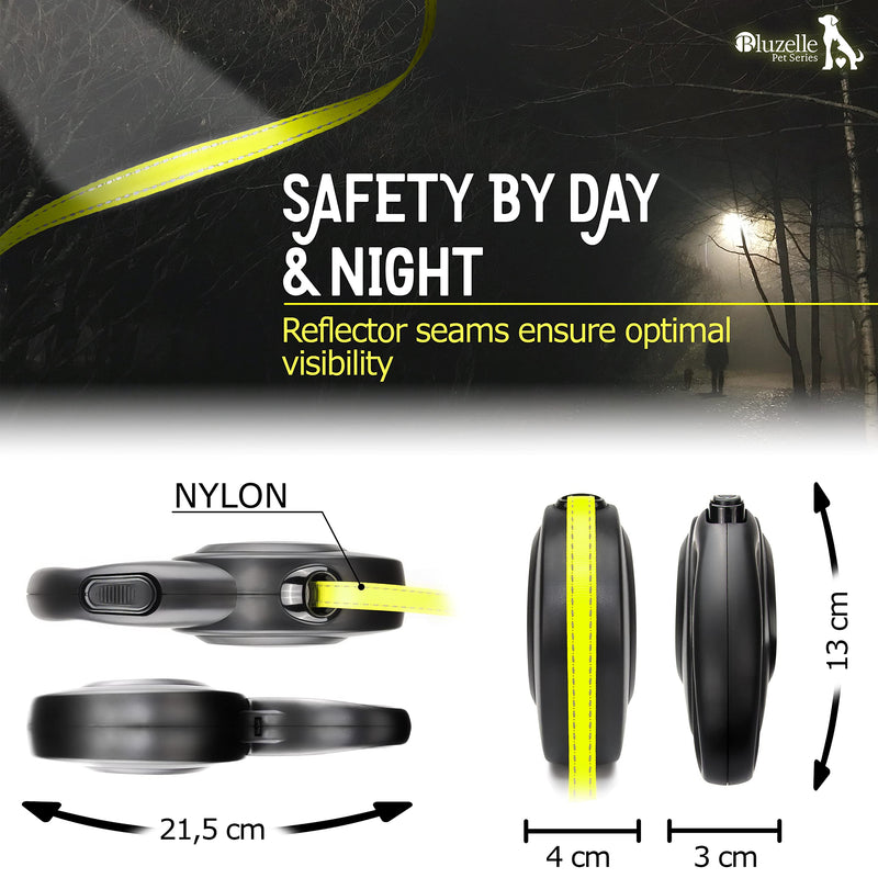 BLUZELLE 8m long dog leash for dogs up to 50kg, flexible retractable leash, neon yellow, bright reflector strap with 360° metal carabiner hook, ergonomic black rubberized handle & retraction brake - PawsPlanet Australia