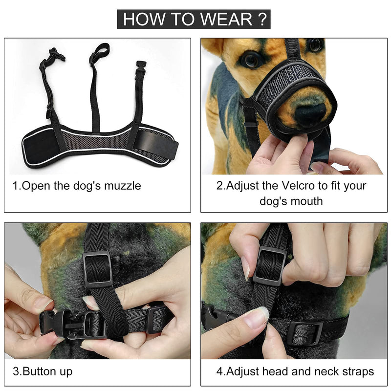 Ohkasanji Dog Muzzle, Pet Muzzle with Triple Adjustment, Reflective Strip & Velcro Design, Anti Biting Barking and Chewing, Breathable Mesh Soft Muzzle for Small/Medium/Large Dogs (1Pack) Black XS(Snout: 4.7-5.5 in) - PawsPlanet Australia