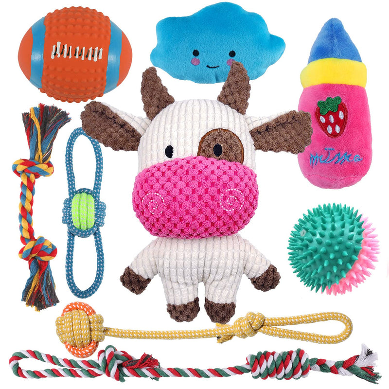 Sundrawy Small Dog Toys Squeaky Stuffed Plush Cuddly Puppy Toys Interactive Play Balls Tow Ropes for Chewing and Teething Selection of Pet Toys Gift Packages Cow Pro - PawsPlanet Australia