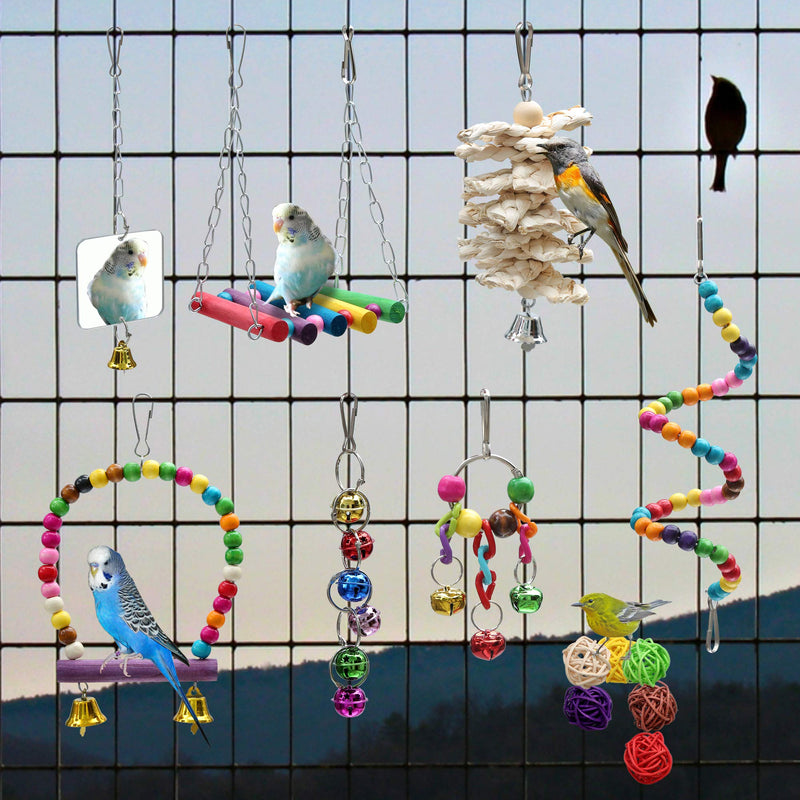 [Australia] - PUTING 13 Pcs Bird Parrot Toys, Include 7 Hanging Birds Cage Toys Hammock Swing Bell and Chewing Toys and 6 Rattan Balls for Small Parrots, Cockatiels, Parakeets, Conures, Love Birds, Finches 