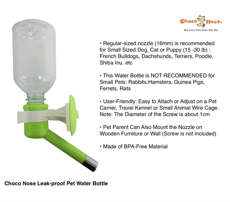 Choco Nose Patented No-Drip Dog Water Bottle/Feeder for Toy Breed to Large Sized Dogs/Cats/Rabbits/Chinchillas/Detachable Pet Food Bowl/for Cages, Crates or Wall Mount/Mess Free Leak-Proof Nozzle Apple Green Small to Medium Sized Dogs and Cats - PawsPlanet Australia