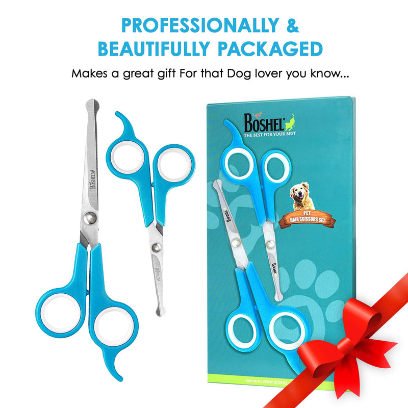 BOSHEL Dog Grooming Scissors Set - 2 Pet Grooming Scissors – Safe Rounded Tips – 1 Small Micro Serrated Dog Trimming Scissor For Face, Ear, Nose & Paw + 1 Larger Dog Scissor - Dog Grooming Shears Set 2 Pack - PawsPlanet Australia