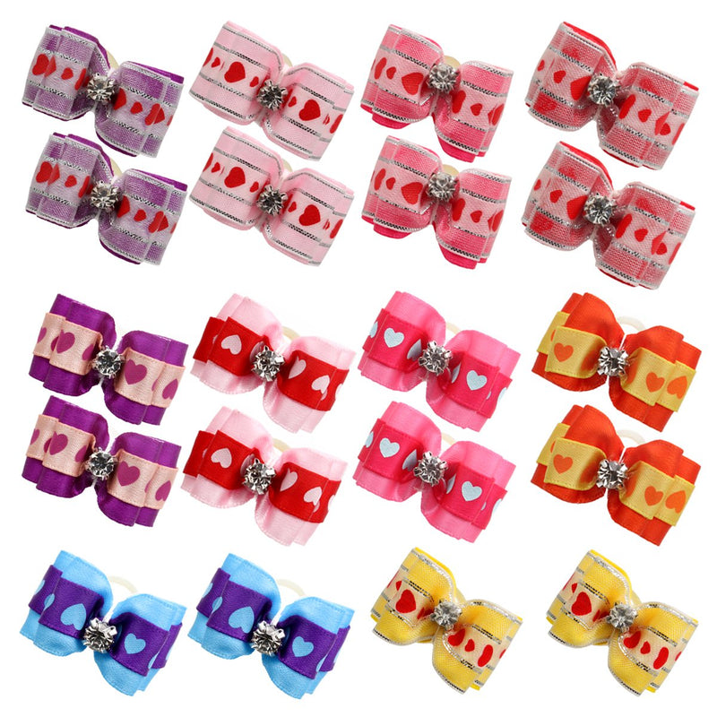 YOY Adorable Grosgrain Ribbon Pet Dog Hair Bows with Elastic Rubber Bands - Doggy Kitty Topknot Grooming Accessories Set for Long Hair Puppy Cat 20 pcs 1.2" Heart-shaped Bows - PawsPlanet Australia