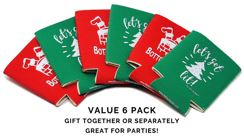 Holiday Festive Christmas in July Can Coolers - 6 Pack | Bottoms Up Let's Get Lit Stocking Stuffer Gifts - Funny Ugly Sweater Party Prize, Favors, Decorations & Supplies (Red/Green) Red/Green - PawsPlanet Australia