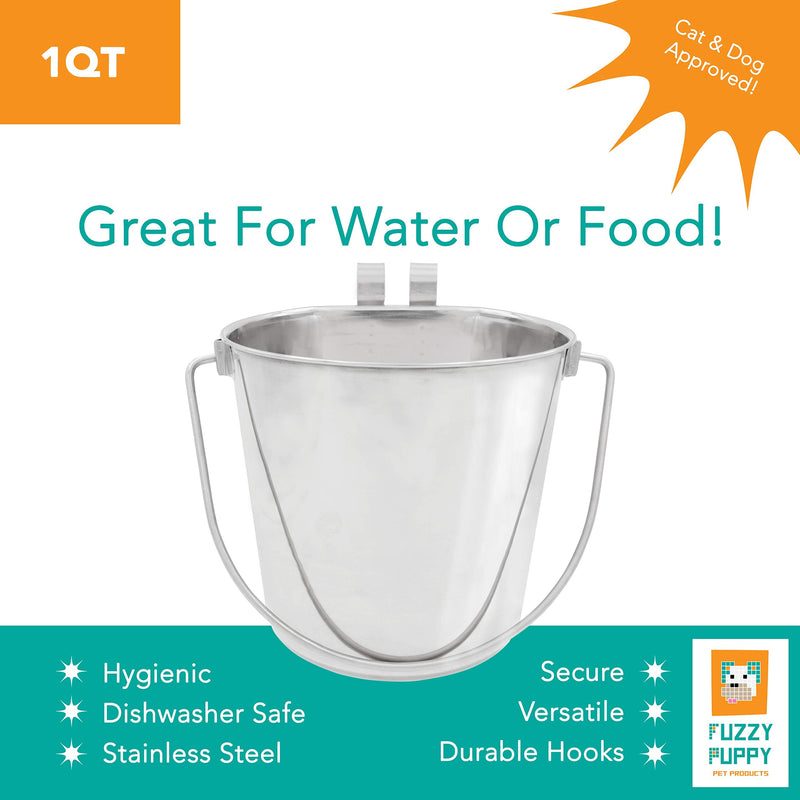 Fuzzy Puppy Flat Sided Pail with Dual Hooks, Snugly Fit On Dog, Cat and Critter Crates & Cages, Heavy Duty Stainless Steel 1-Quart - PawsPlanet Australia