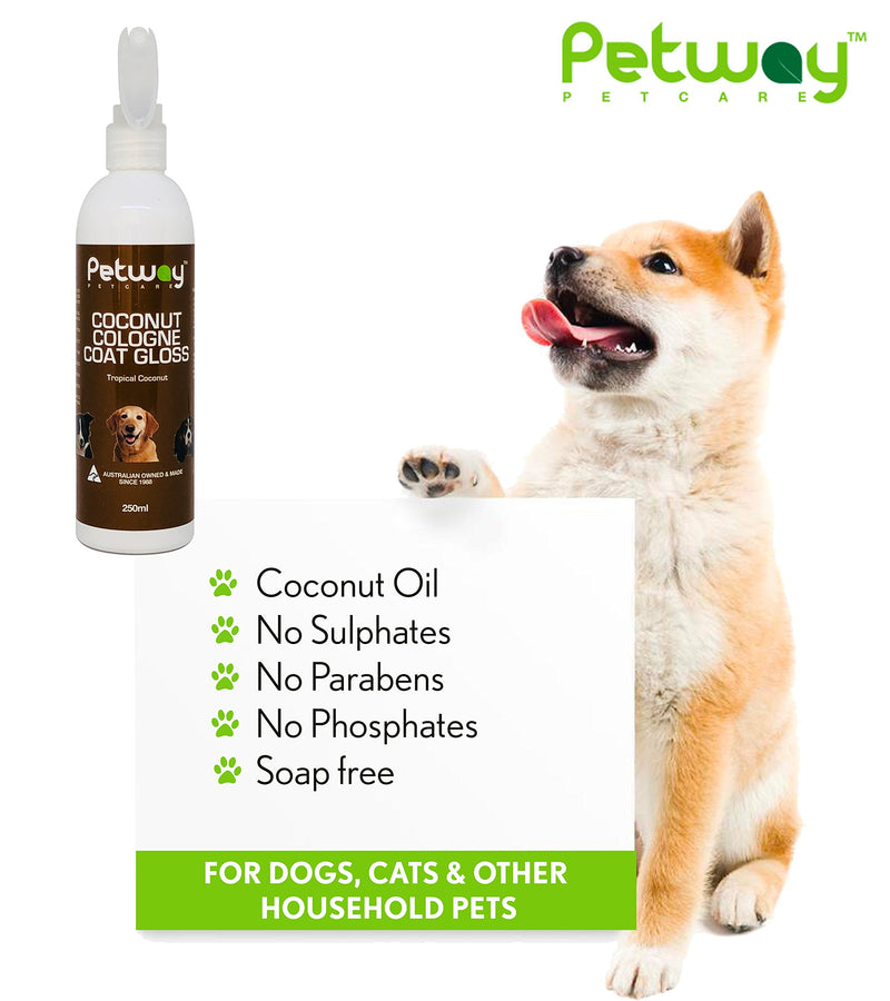 [Australia] - PETWAY Petcare Coconut Cologne Coat Gloss – Natural Cosmetic Dog Cologne Spray with Coconut for Conditioning Qualities, Dog Gloss with Deodorizer, Pet Odor Eliminator and Dog Grooming Spray – 250ml 