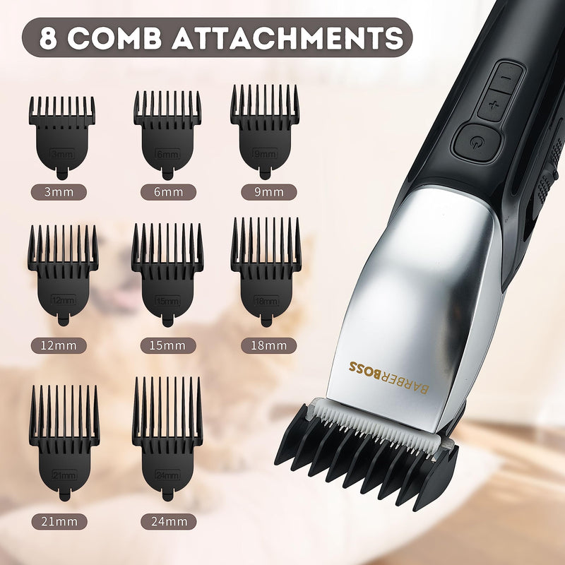 BarberBoss Dog Groomer with 8 Comb Attachments, Slim Design with 4 Speed Settings, 100% Waterproof, R-Shaped Ceramic Head, LED Display, Cordless Clipper for Dogs & Cats, QR-9083 - PawsPlanet Australia