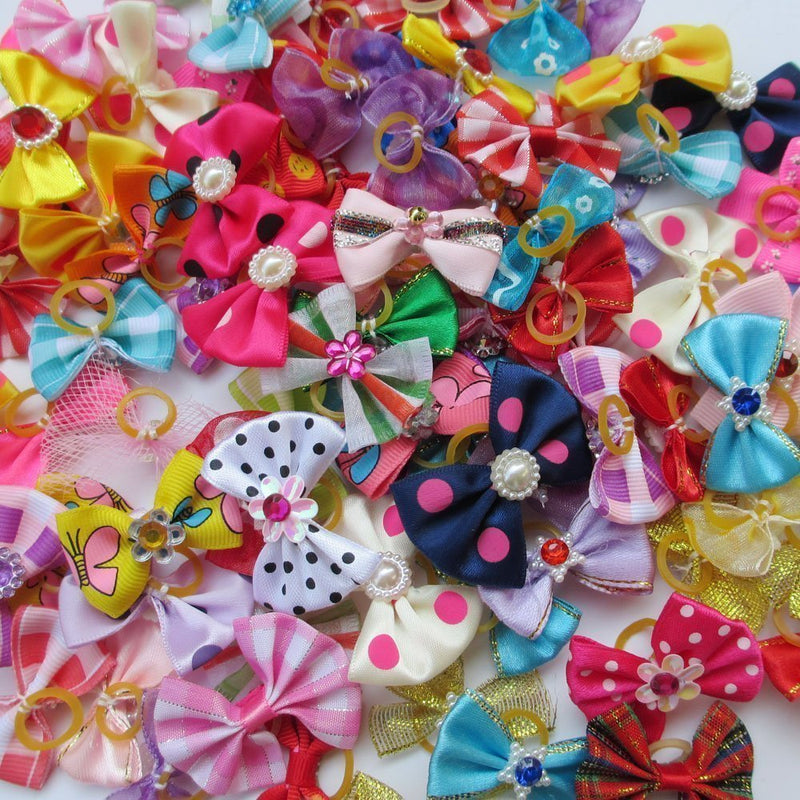 [Australia] - Chenkou Craft Random of 100pcs New Dog Hair Bow with Rubber Band Rhinestone Pet Grooming Products Mix Colors Varies Patterns Pet Hair Bows Dog Accessories 