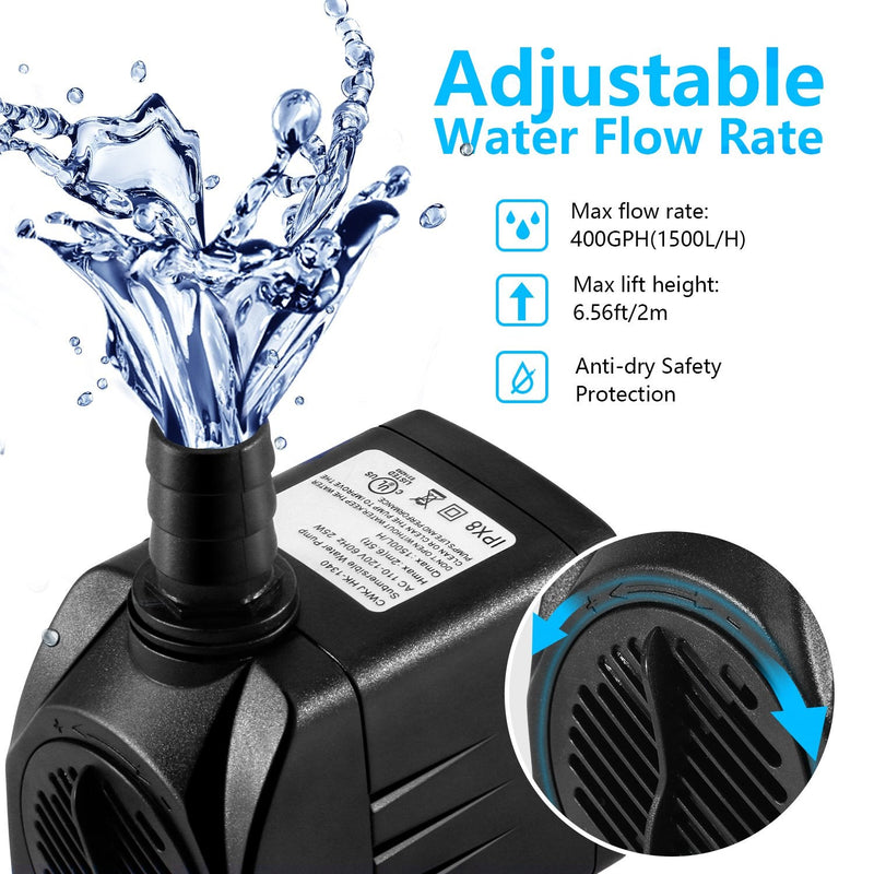 CWKJ Fountain Pump, 400GPH Submersible Water Pump, Durable 25W Outdoor Fountain Water Pump with 6.5ft Power Cord, 3 Nozzles for Aquarium, Pond, Fish Tank, Water Pump Hydroponics, Backyard Fountain - PawsPlanet Australia