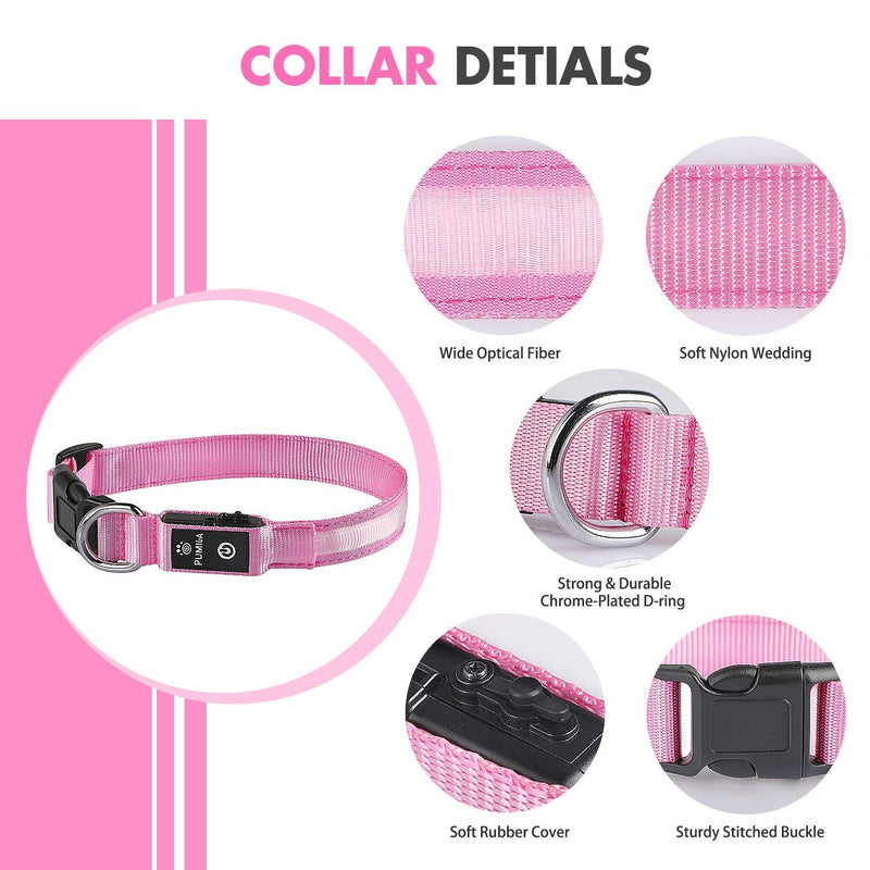 PcEoTllar LED Dog Collar Rechargeable Waterproof 7 Color Change Light Up Dog Collars Super Bright Night Safety High Visibility 10H Working Time for Small Medium Large Dogs - Pink -S S(40cm,2.5cm) - PawsPlanet Australia