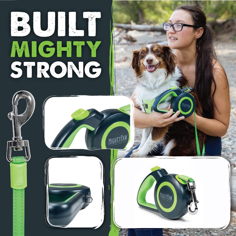 Mighty Paw Retractable Dog Leash 2.0 | 16’ Heavy Duty Reflective Nylon Tape Lead for Pets Up to 50 LBS. Tangle Free Design W/ One Touch Quick-Lock Braking System & Anti-Slip Handle. (Green/Lite) Lite Green - PawsPlanet Australia