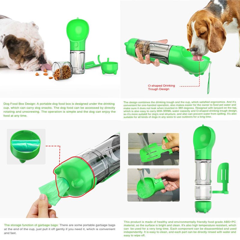 [Australia] - Water Bottle for Dog, Dog Travel Water Bottle, Drinking Feeder with Potty Waste Bags Shovel and Food Space Bpa-Free 3 in 1 Multifunction GREEN 