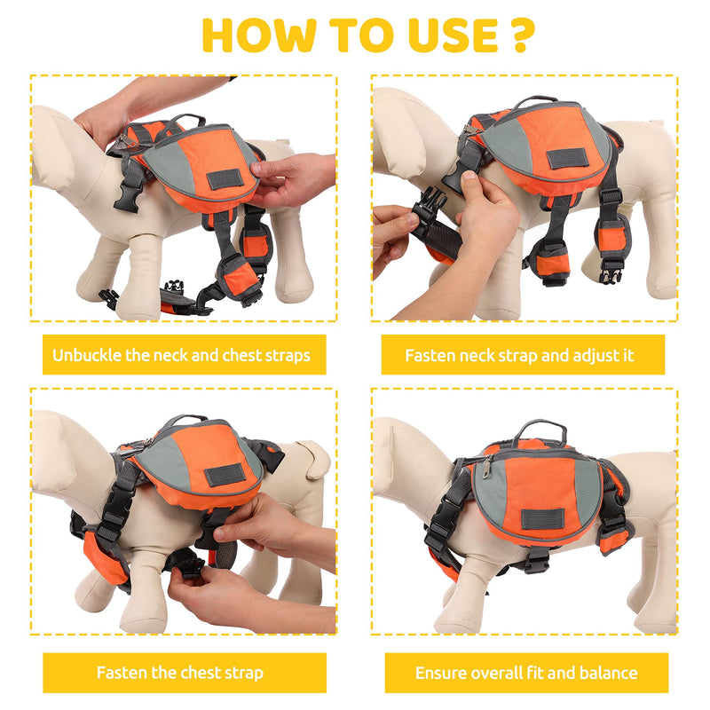 MIGOHI Dog Backpack, Durable Doggy Saddle Bag with Reflective Strip & 2 Side Pockets, Polyester Breathable Pet Camping Hiking Travel Pack for Medium Large Dogs Small Orange - PawsPlanet Australia