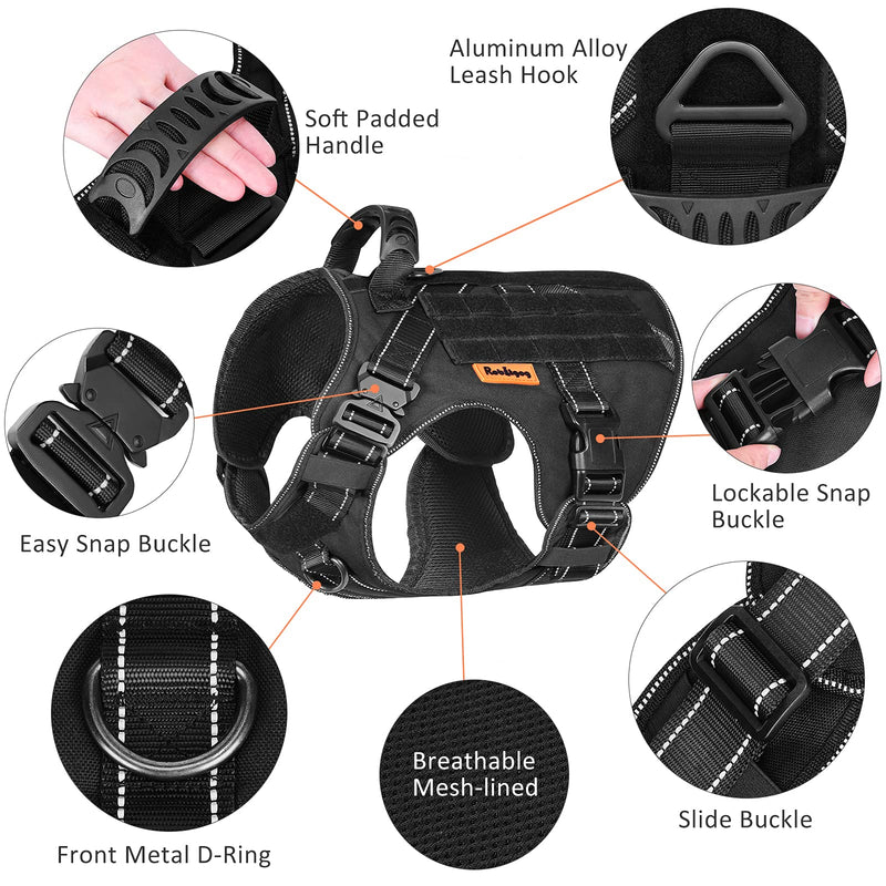 ROBITGOG Tactical Dog Harness Reflective Breathable Service Dog Pet Vest Easy Control Handle 2 Metal Buckle Suitable for Medium/Large Tactical Dog Black M (Neck:18"-24" ; Chest:28"-35" ) - PawsPlanet Australia