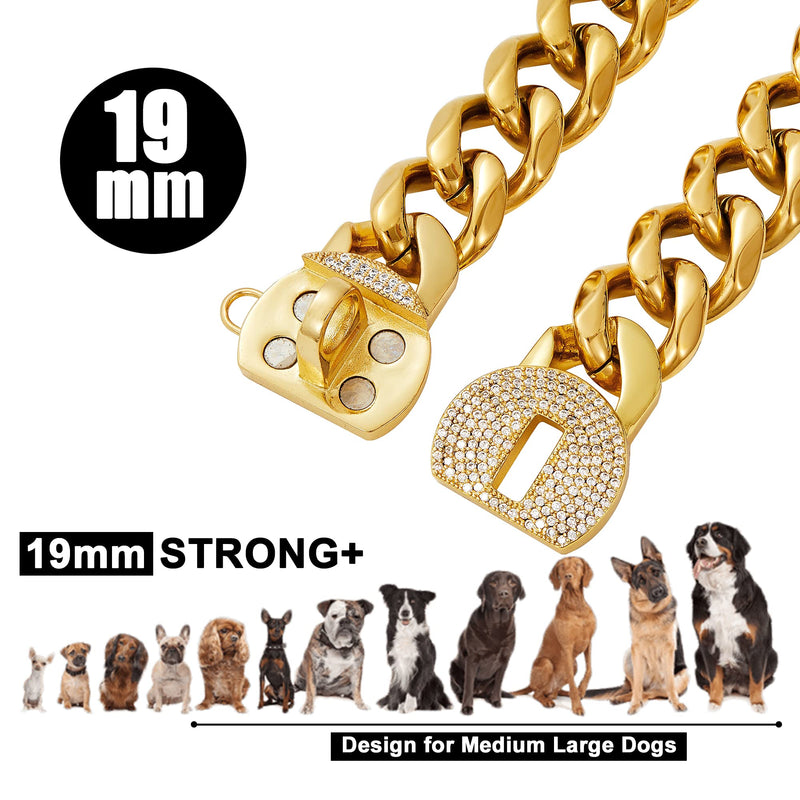 ToBeTrendy Dog Chain Collar Metal Chain with Bling Bling Design Secure, 18K Gold Cuban Link Chain 19MM Strong Heavy Duty Chew Proof Walking Collar for Small Medium Large Dogs(Flower Buckle, 12") Flower Buckle 12"(For Dog Neck 9.5-11.5") - PawsPlanet Australia