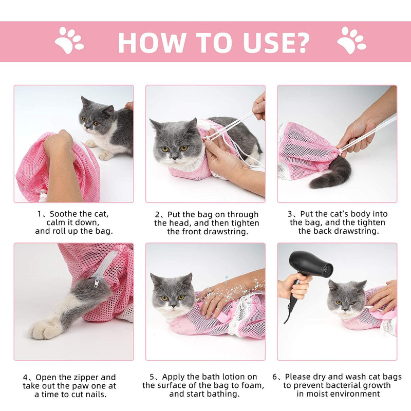 CNXU 3 Pcs Large Multi-Function Cat Grooming Bath Bag with Handle Gloves，Anti-Scratch Anti-Bite Adjustable Kitty Restraint Mesh Bag for Bathing, Nail Trimming, Injection, Medicine Taking Pink - PawsPlanet Australia