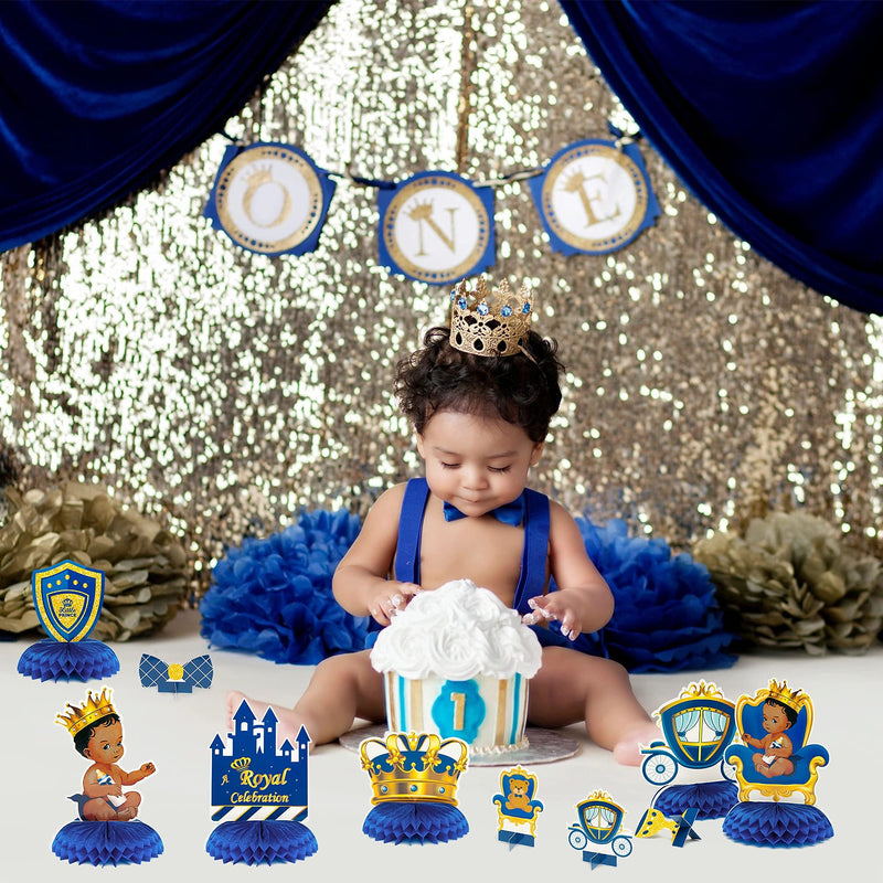 BeYumi 12Pcs Royal Prince Themed Honeycomb Centerpiece Table Toppers for Baby Boys African American Little Prince Black Boys Castle Crown Blue and Gold Baby Shower Birthday Party Supplies Decoration - PawsPlanet Australia
