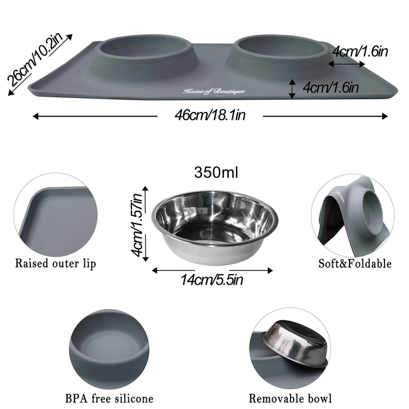 [Australia] - Dog Bowls, Cat Food and Water Bowl Stainless Steel, Pet Comfort Feeding Bowls with No-Spill Anti-Slip Silicone Mat for Medium or Small Dogs or Cats, Set of 2 Bowls S(12 oz per Bowl) Gray 