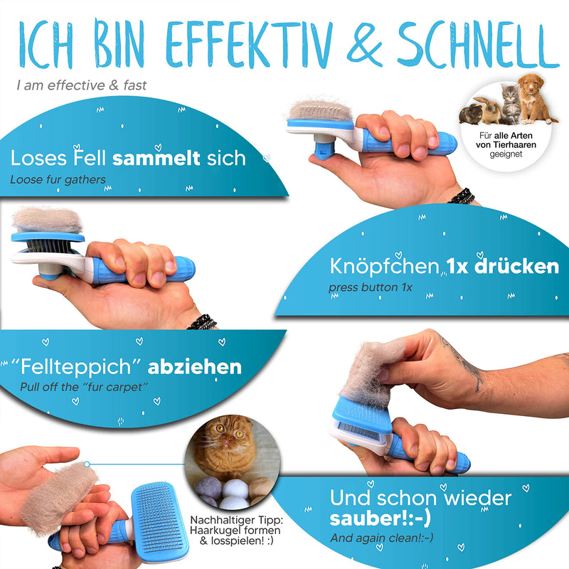 LÖWENKÖNIG® BÜRSTINATOR 2.0 Premium cat brush & dog brush Self-cleaning for short-haired & long-haired animals I Pet brush large, fur brush removes loose undercoat & matted dog & cat hair Bestseller: Bürstinator 2.0 in blue - PawsPlanet Australia