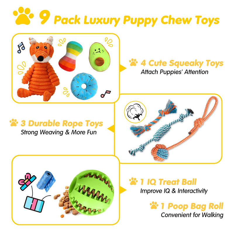 Zeaxuie 9 Pack Luxury Puppy Toys for Teething Small Dogs, Cute Puppy Chew Toys with Squeaky Toys, IQ Ball and More Rope Toys 9 Pack (Fox) - PawsPlanet Australia