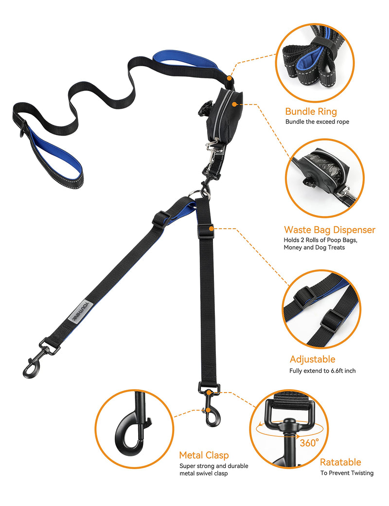 YOUTHINK Double Leash Dog Leash for 2 Dogs No Tangle Reflective Dog Leash Double Padded Handles Adjustable Splitter Leashes with Poop Bag Dispenser for Dogs up to 50 kg - PawsPlanet Australia