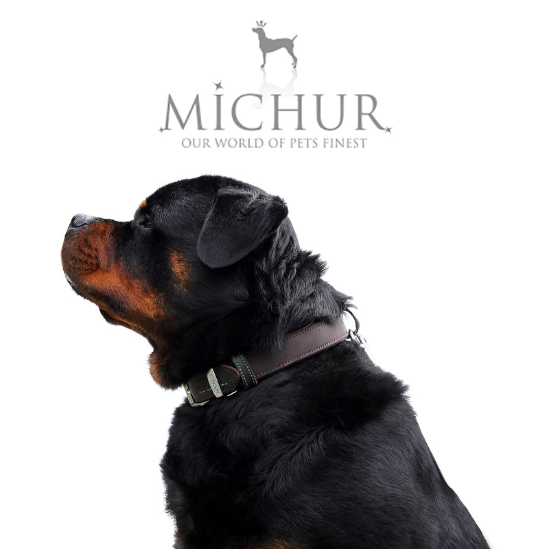 MICHUR Oleo dog collar leather, dog leather collar, collar brown, green stitching, LEATHER, Neck circumference 14,17-17,72" Neck circumference 14,17-17,72" - PawsPlanet Australia