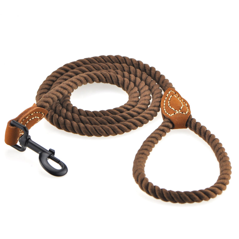[Australia] - Mile High Life Braided Cotton Rope Leash with Leather Tailor Handle and Heavy Duty Metal Sturdy Clasp (4/5/6 FEET) 6 FT Dark Brown 