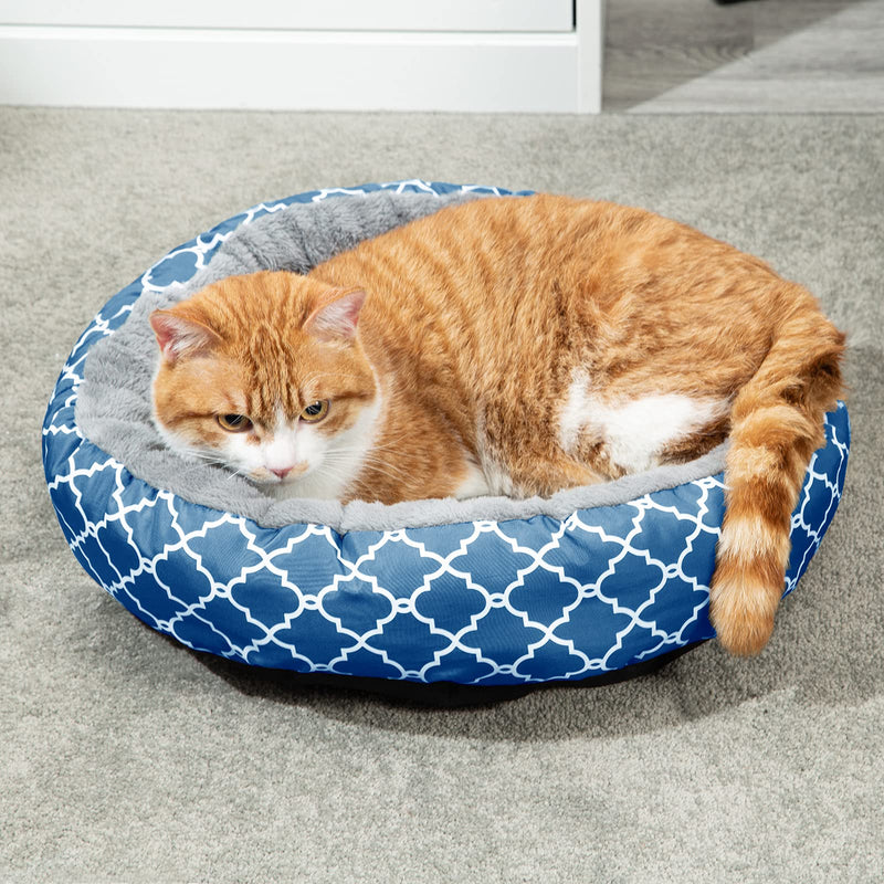 Uozzi Bedding Warming Donut Cushion Cat Bed, Calming Pup Small Pet Dog Bed, Non-Slip Bottom, Machine Washable Flannel 17" Round Bed for Puppy and Kitten with Fluffy Comfy Lining Plush - Blue - PawsPlanet Australia