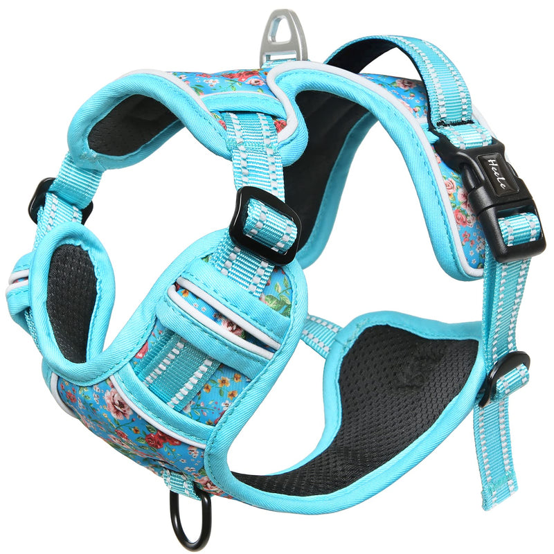 HEELE Dog Harness Harness for Small Dogs No Pull Dog Vest Harness for Small Dog with Soft Padded Handle Reflective for Outdoor Training, Flower-Azure, S - PawsPlanet Australia