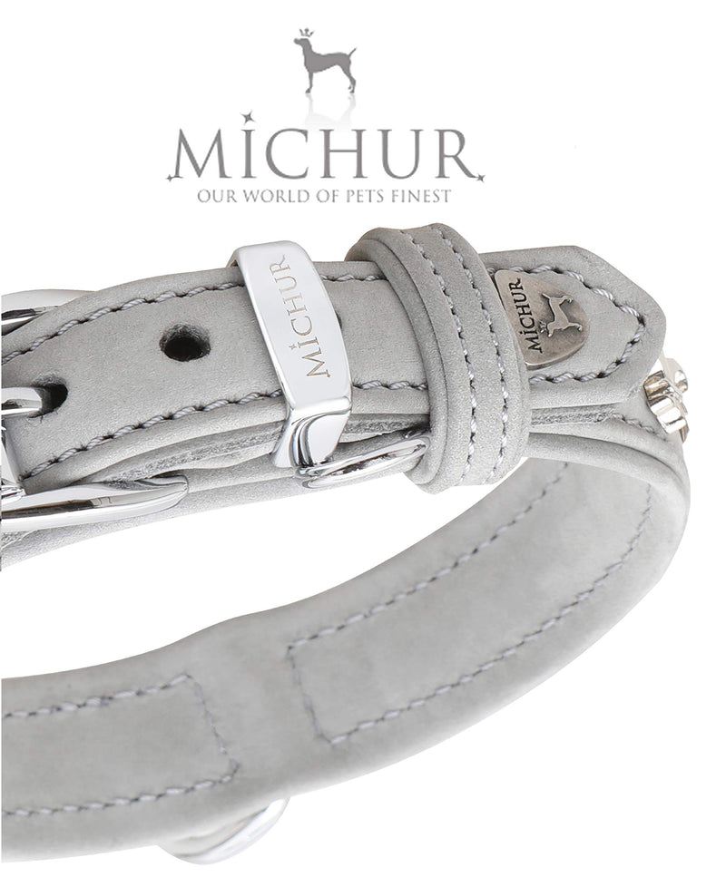 MICHUR Tipico dog collar leather, dog leather collar, collar, gray, LEATHER, with lilies, rhinestones and large Michur stone Neck circumference 12,20-14,17" - PawsPlanet Australia