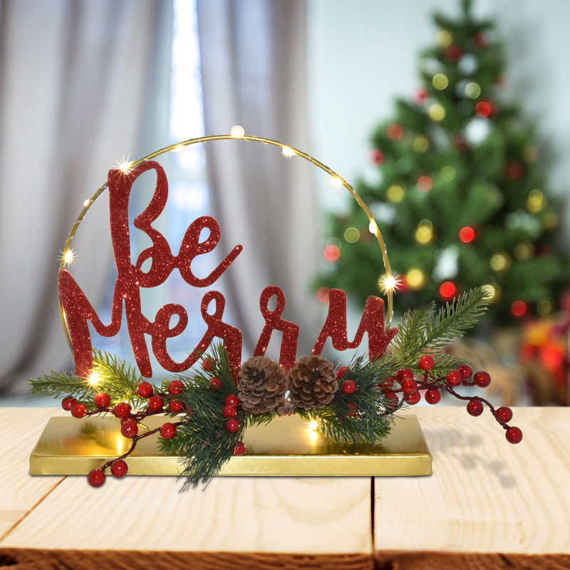 Gift Boutique Christmas Be Merry Table Centerpiece Decoration LED Lighted Red Berry and Pine Cone Holiday Glow Stand, Mantle Kitchen Dining Room Table Decor - PawsPlanet Australia