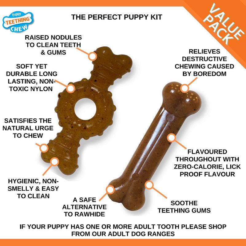 Nylabone Gentle Puppy Dog Teething Flexi Ring and Bone Petite, Chicken Flavour, Extra Small, for Puppies Up to 7 kg (Twin Pack) XS - PawsPlanet Australia