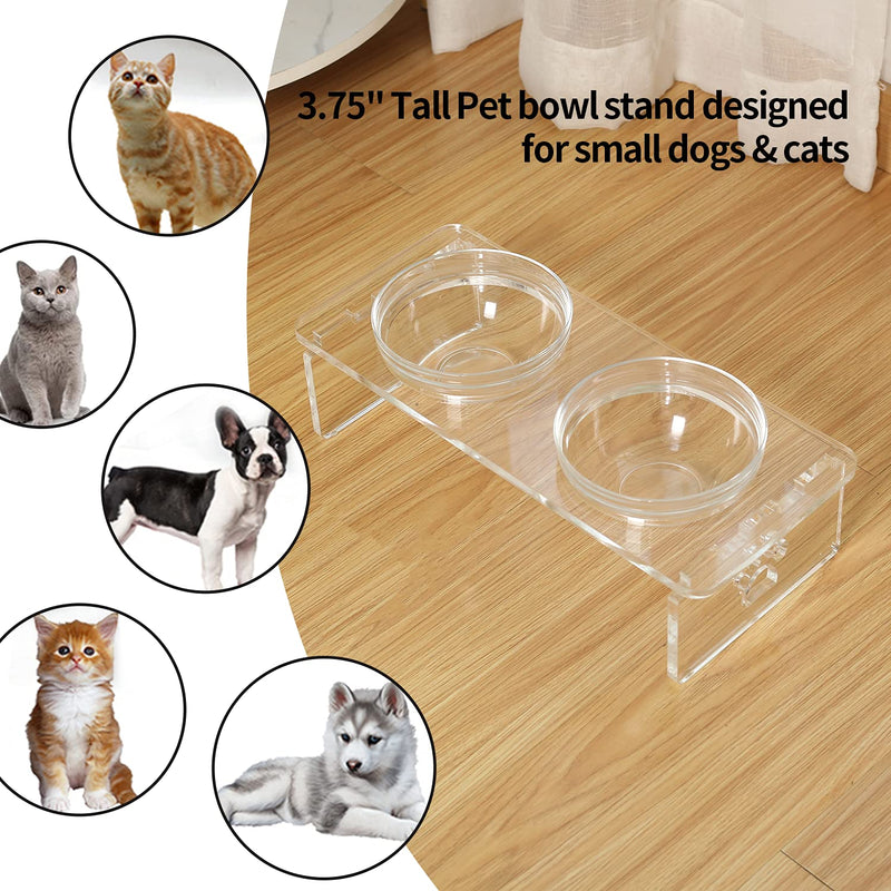 Elevated Cat Dog Bowls - Feoyoho Raised Pet Bowl Acrylic Feeder Stand with Two Removable Glass Bowls and Extra Two Stainless Steel Bowls for Small Dogs Cats,3.75 Inch small-3.75'' tall,1.5 cup bowl - PawsPlanet Australia