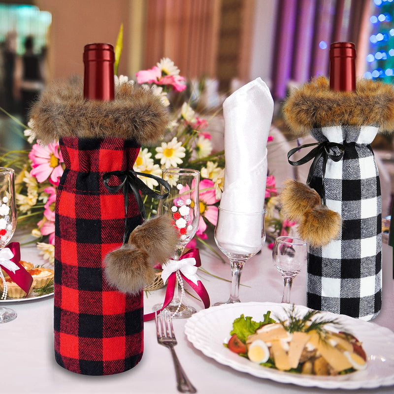 Jmkcoz 6 Pack Christmas Buffalo Plaid Wine Bottle Cover Plaid Sweater Wine Bottle Holder Faux Fur Wine Bottle Pouch Bags for Xmas Dinner Party Decorations (Red, Grey) - PawsPlanet Australia